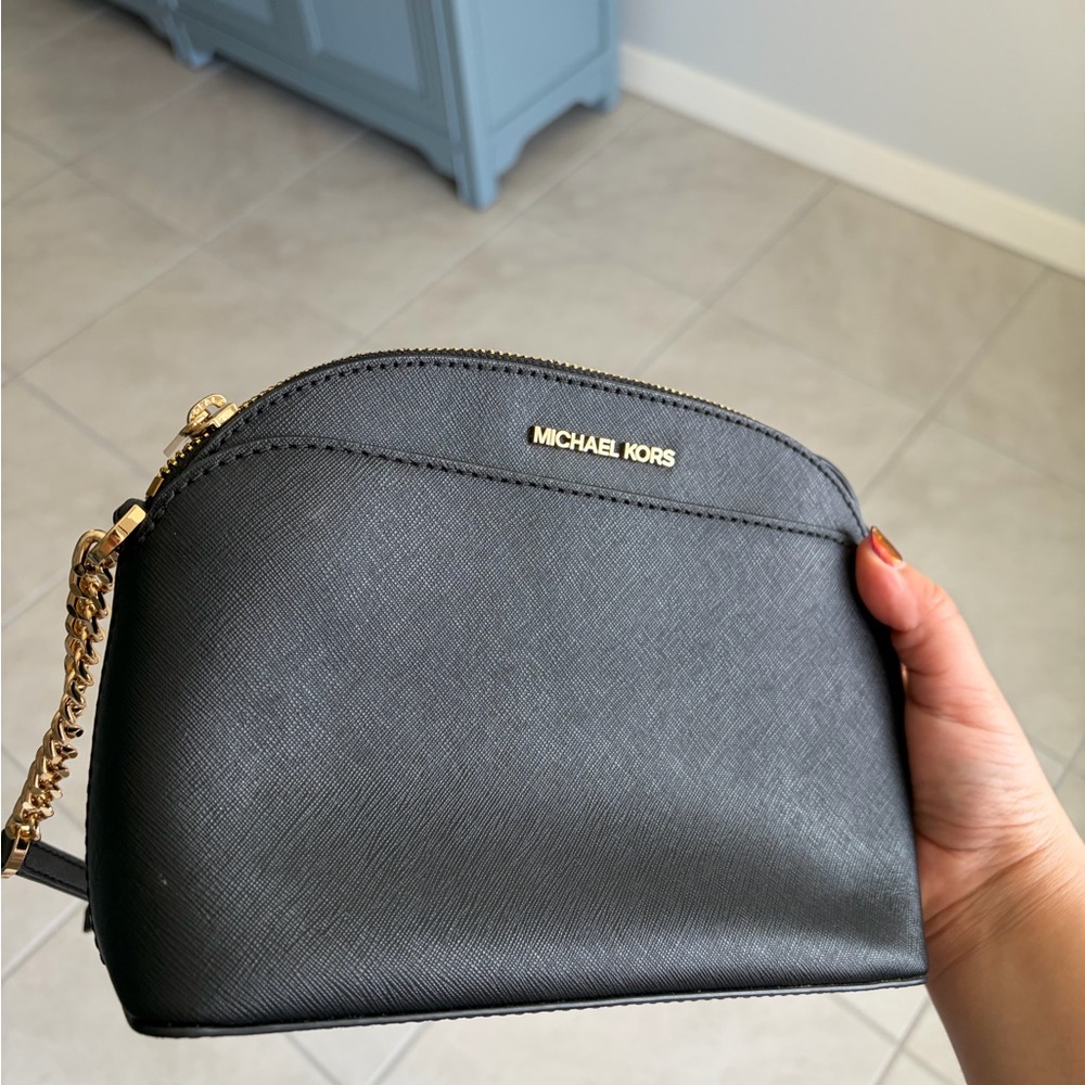 Michael Kors Black Saffiano Dome Crossbody with Gold Hardware (Wallet Included)
